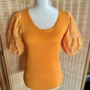 Loft Orange Shirt with Puff Sleeves Size Small